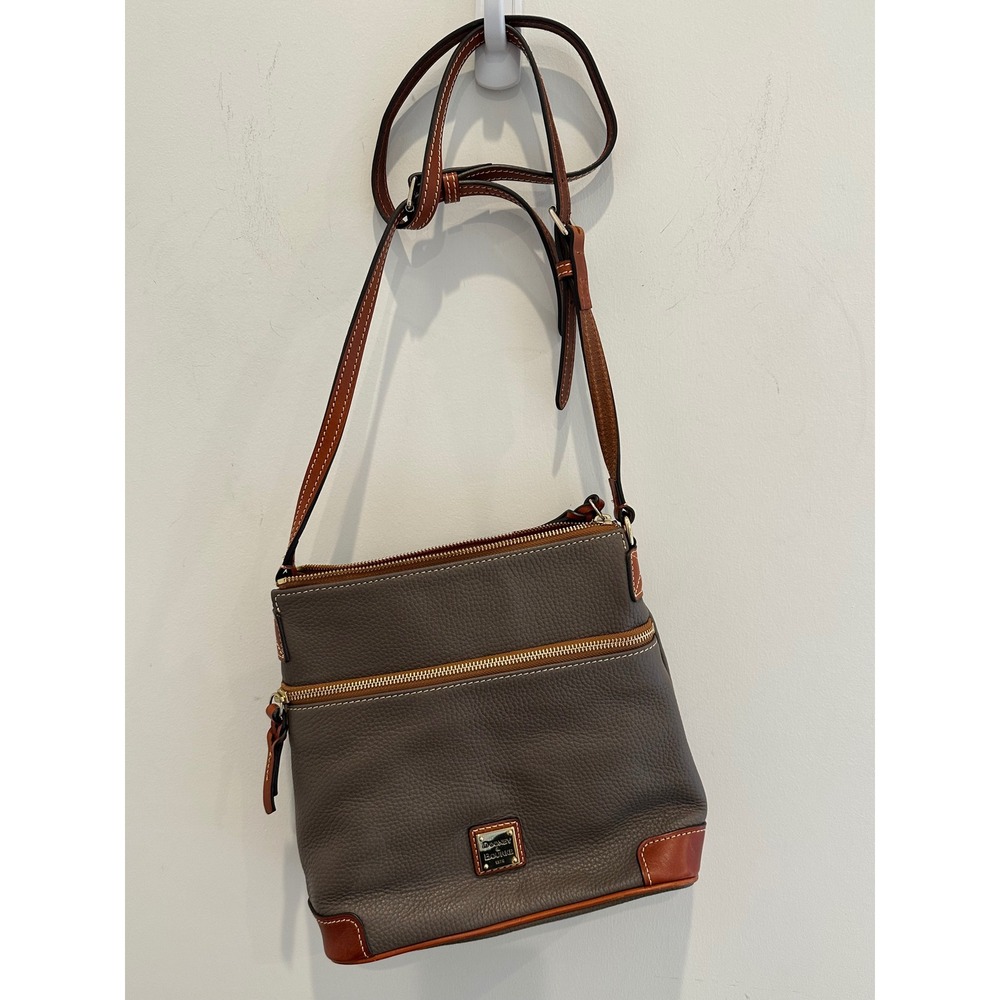 Dooney & Bourke Pebble Grain Leather North South Crossbody Bag Taupe Grey Brown